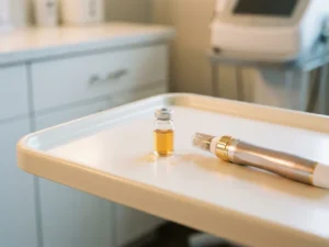 Glazen injectieflacon met gouden PRP-serum naast Morpheus8 microneedling handstuk op witte klinische tray.