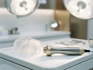 InMode radiofrequentie handstuk op witte klinische tray naast anatomisch contourmodel, zachte chirurgische verlichting op roestvrijstalen oppervlakken.