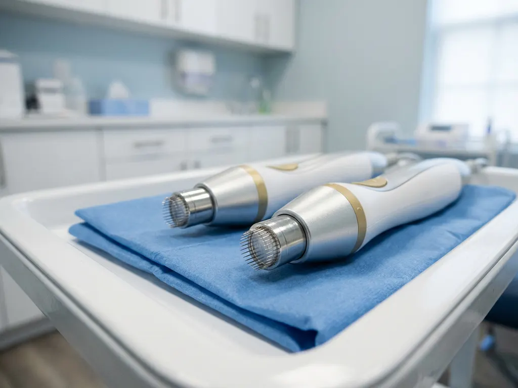 Twee RF microneedling handstukken op een steriele witte klinische tray, met fijne naaldpunten en glanzende roestvrijstalen oppervlakken.