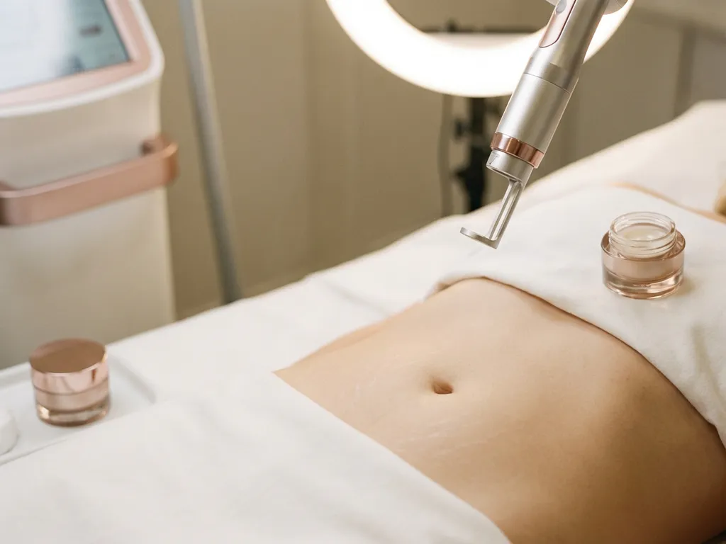 CO2 laser handstuk boven buik met lichte striemen, zachte klinische verlichting, medisch-esthetische behandeling.