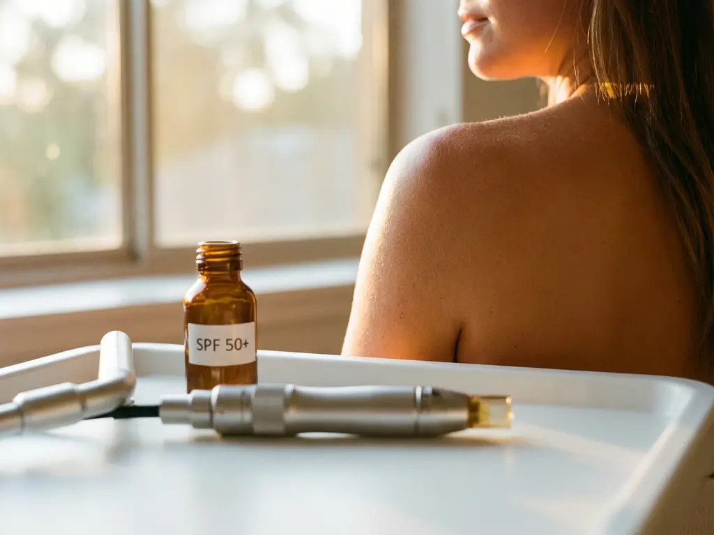 Zongebruinde schouder naast een CO2-laser handstuk op wit medisch dienblad met SPF-zonnebrandcrème, zachte amberkleurige belichting.
