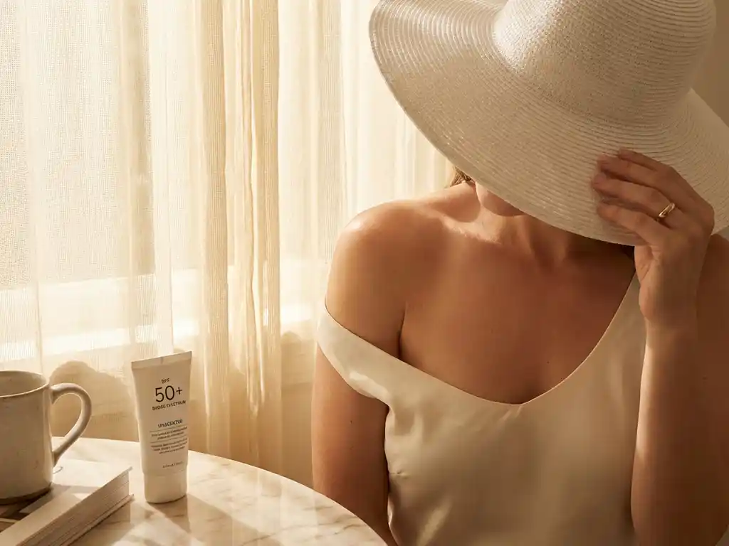 Vrouw beschermt haar schouder tegen zonlicht met een witte strohoed, SPF-crème tube op marmeren ondergrond, zachte raamverlichting.