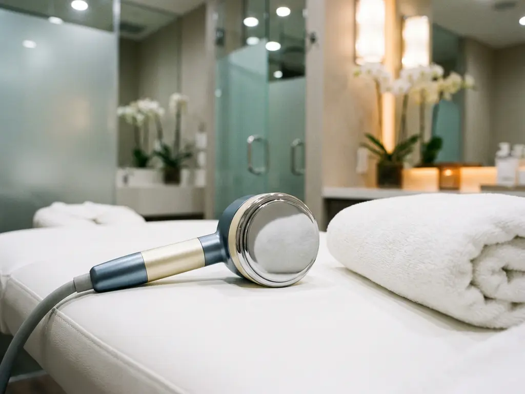 Professioneel esthetisch apparaat met gladde applicatorkop op witte behandeltafel, gevouwen handdoek ernaast, medische spa-omgeving.