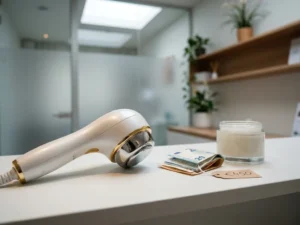 Professioneel cellulitebehandelingsapparaat op wit klinisch oppervlak met eurobiljetten en prijskaartje ernaast.