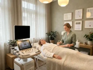 Cliënt in witte badjas ontspant op behandeltafel naast professioneel ultrasound apparaat in stijlvolle medisch-esthetische behandelkamer.