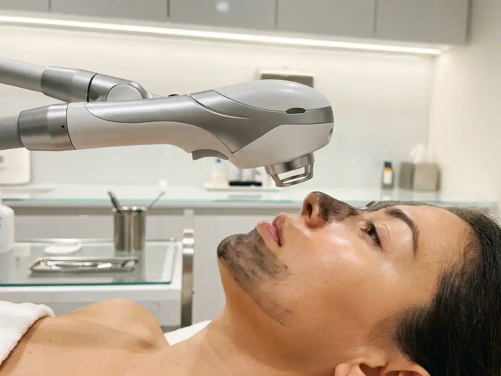Medische laser boven vrouwenwang met donker koolstofmasker tijdens carbon laser peeling behandeling.