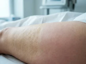 Bovenbeen met zichtbaar contrast tussen bobbelige cellulitis-huid en gladde huidtextuur, gefotografeerd in klinische witte omgeving.