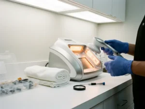 Technicus in handschoenen inspecteert professioneel cellulitebehandelingsapparaat op wit klinisch oppervlak met onderhoudskit.