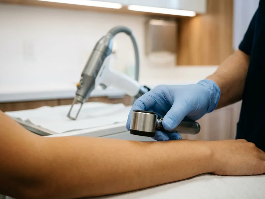 Dermatoloog gebruikt dermoscopieloep op onderarm naast laserhandstuk op wit behandeloppervlak.