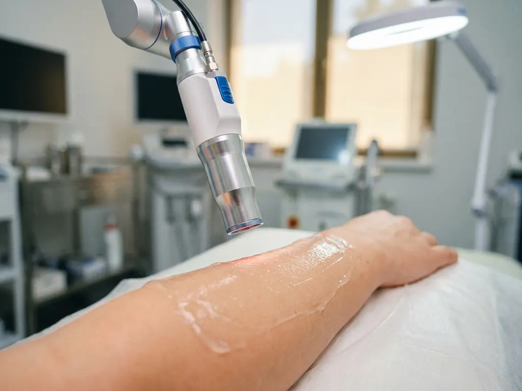 Fractionele laser handstuk boven gladde huid tijdens precisiebehandeling, lichtpuntjes zichtbaar op het huidoppervlak, klinische omgeving.