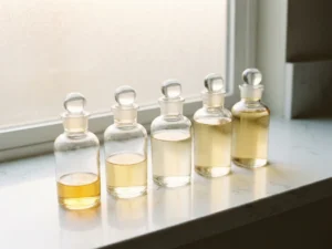 Vijf glazen flacons met gouden serum op wit oppervlak, elk progressief voller, symboliserend cumulatieve behandelingsvoortgang.