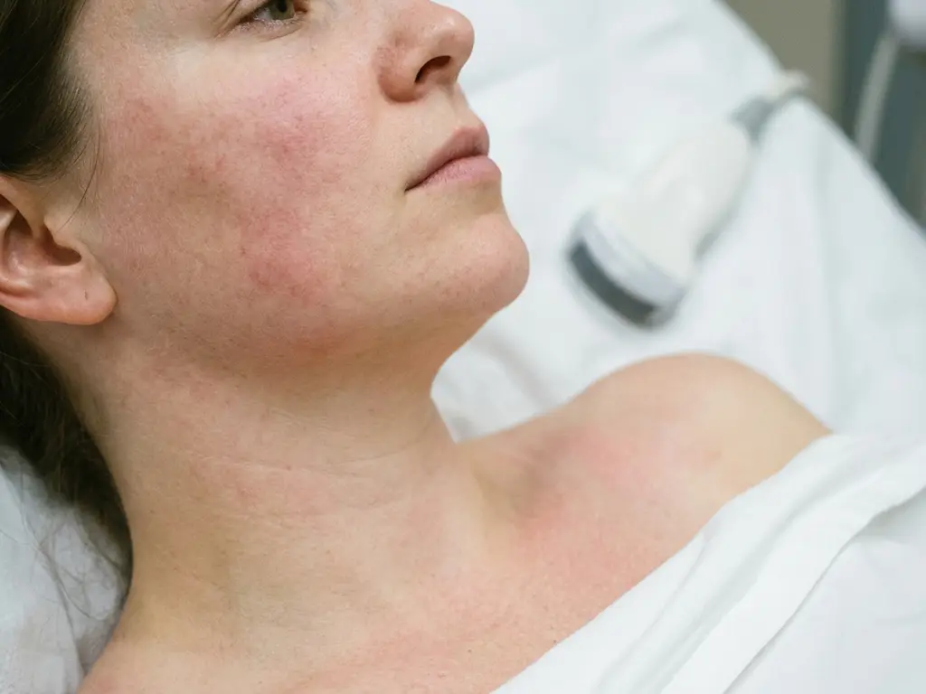Vrouwenschouder met lichte huidroodheid en zwelling na cosmetische behandeling, rustend op wit klinisch linnen.