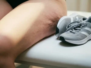 Bovenbeen met gladde en kuilige huidtextuur naast elkaar, met hardloopschoenen op wit klinisch oppervlak op de achtergrond.