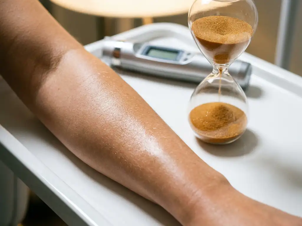 Gladde, stralende huid naast een glazen zandloper met goudkleurig zand op een wit klinisch oppervlak.
