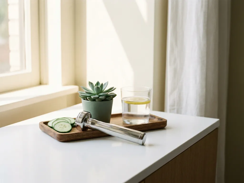 Professioneel behandelapparaat naast houten dienblad met komkommerschijfjes, groen plantje en glas citroenwater op wit klinisch oppervlak.