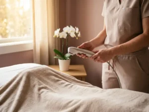Behandelkamer met professional die handheld esthetisch apparaat vasthoudt naast behandelbed, orchidee op achtergrond, warm zacht licht.
