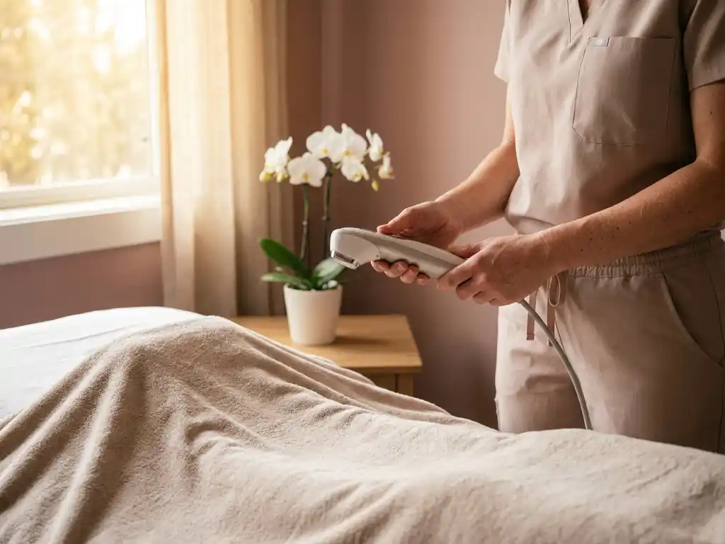 Behandelkamer met professional die handheld esthetisch apparaat vasthoudt naast behandelbed, orchidee op achtergrond, warm zacht licht.
