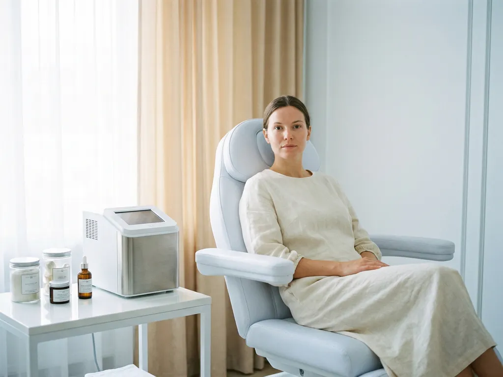 Vrouw met gave huid in klinische behandelstoel naast esthetisch medisch apparaat en huidverzorgingsproducten op wit tafeltje.