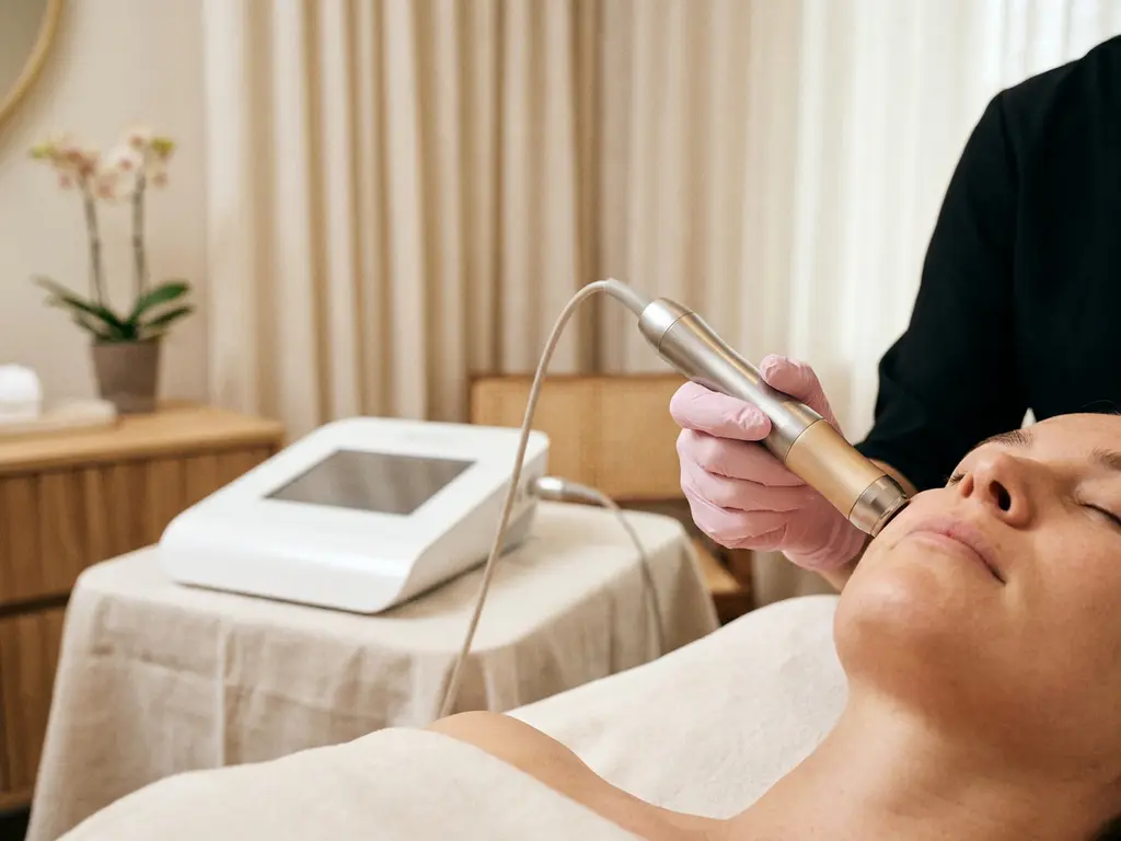 Behandelaar met handschoen past handstuk van medisch esthetisch apparaat aan op huid, witte behandeltafel op achtergrond.