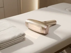 Professioneel huidverzorgingsapparaat op witte behandeltafel met gevouwen handdoeken in moderne klinische omgeving.