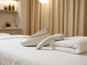 Handheld huidbehandelingsapparaat op witte behandeltafel met gevouwen handdoek in luxe huidkliniek.