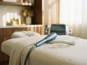Medisch-esthetisch apparaat met metalen applicator op behandeltafel, witte handdoek en geltube, professionele huidkliniek.