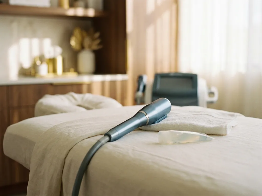 Medisch-esthetisch apparaat met metalen applicator op behandeltafel, witte handdoek en geltube, professionele huidkliniek.