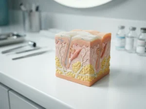 Anatomisch doorsnede-model van huidlagen met dermis, bindweefsel en vetcellen op witte klinische ondergrond.