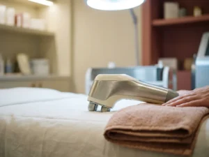 Medisch handstuk voor huidtherapie op witte behandeltafel naast gevouwen handdoek, professionele klinische omgeving.
