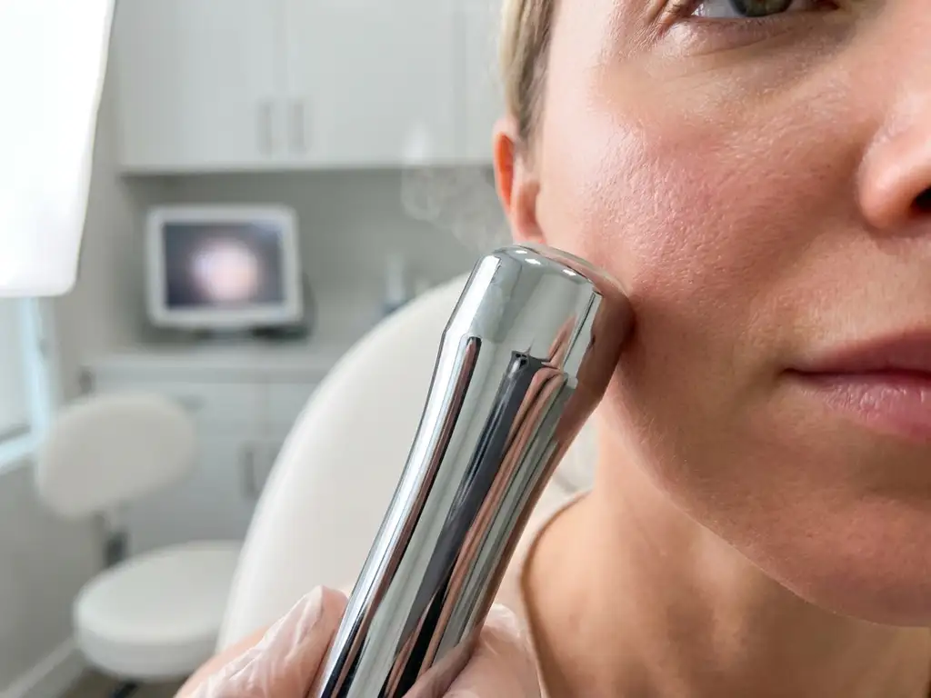 Medisch-esthetisch apparaat op een vrouwelijke wang tijdens huidverjongende behandeling in witte klinische ruimte.