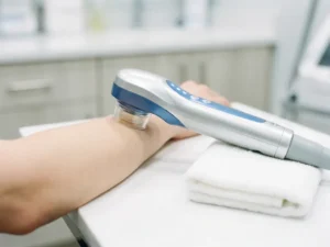 Medisch esthetisch apparaat met handstuk op witte klinische ondergrond, naast gevouwen behandelhanddoek, voor huidverjonging.