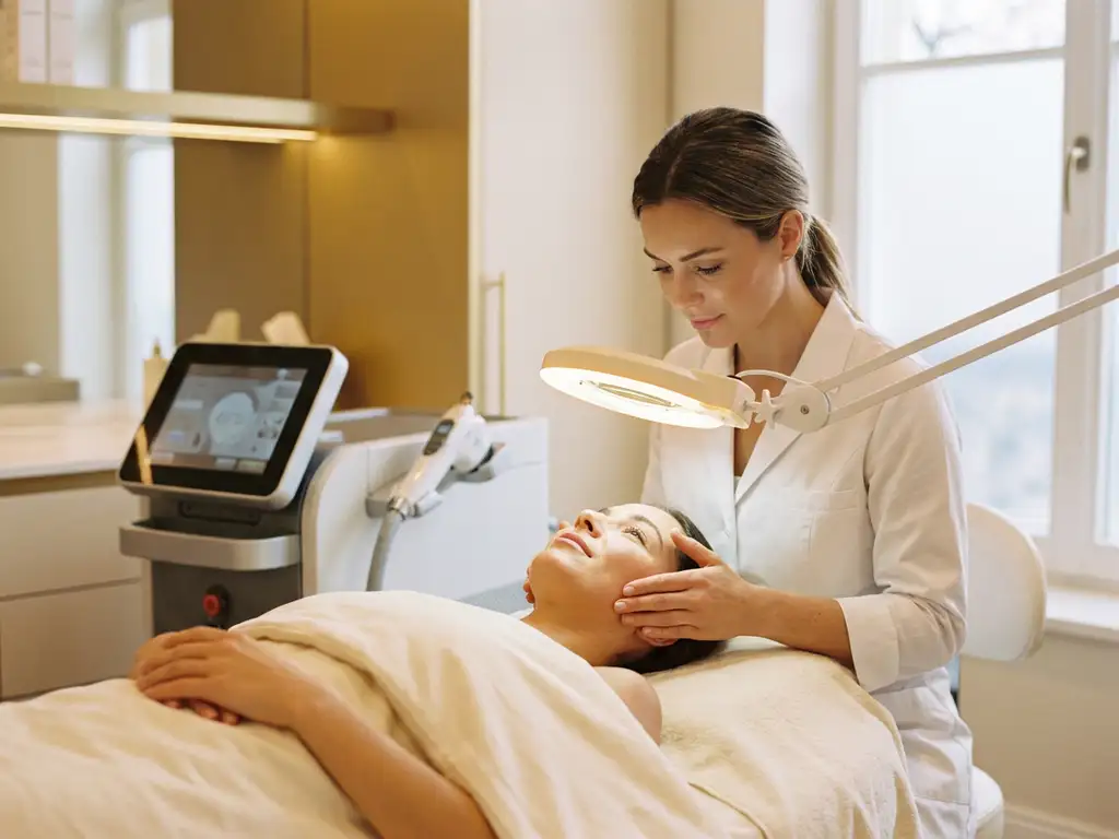 Estheticienne in witte klinische jas onderzoekt stralende huid van cliënt in luxe beautykliniek met medische laser op achtergrond.