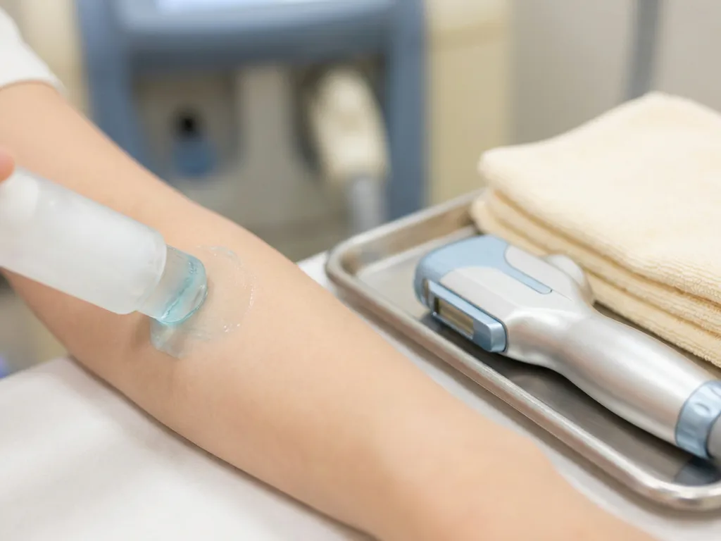 Koelgel applicator op een onderarm naast een medische laser handpiece op een klinische tray, zachte diffuse verlichting.