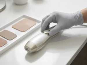 Gehandschoende hand die een medisch esthetisch apparaat instelt, met huidtextuurstalen op een wit dienblad in een klinische omgeving.