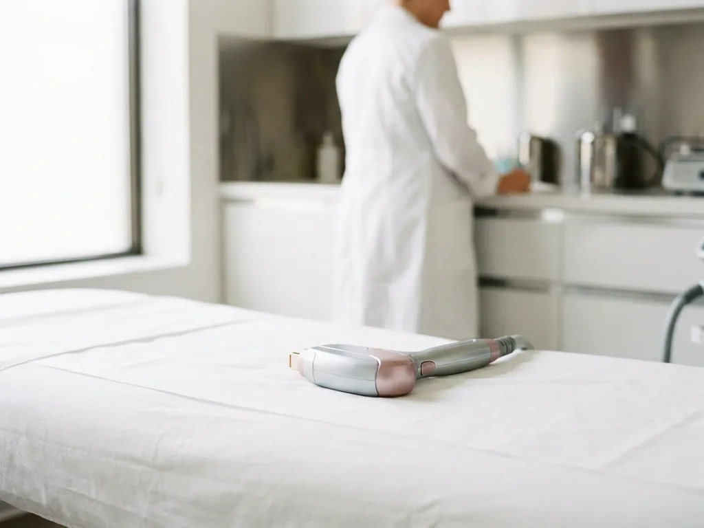 Medische laserhardstuk op witte behandelbank in esthetische kliniek, professional in witte jas op de achtergrond.