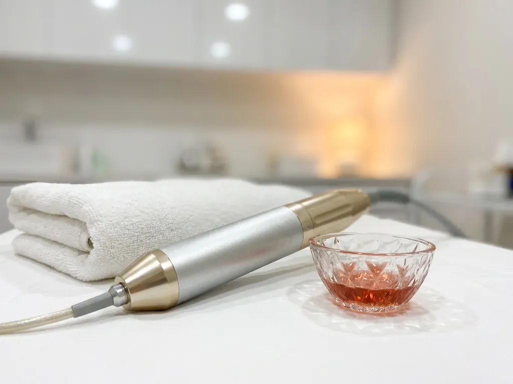 Medische laser handstuk op witte behandeltafel met gevouwen handdoeken en een glazen kommetje rozé serum in een esthetische kliniek.