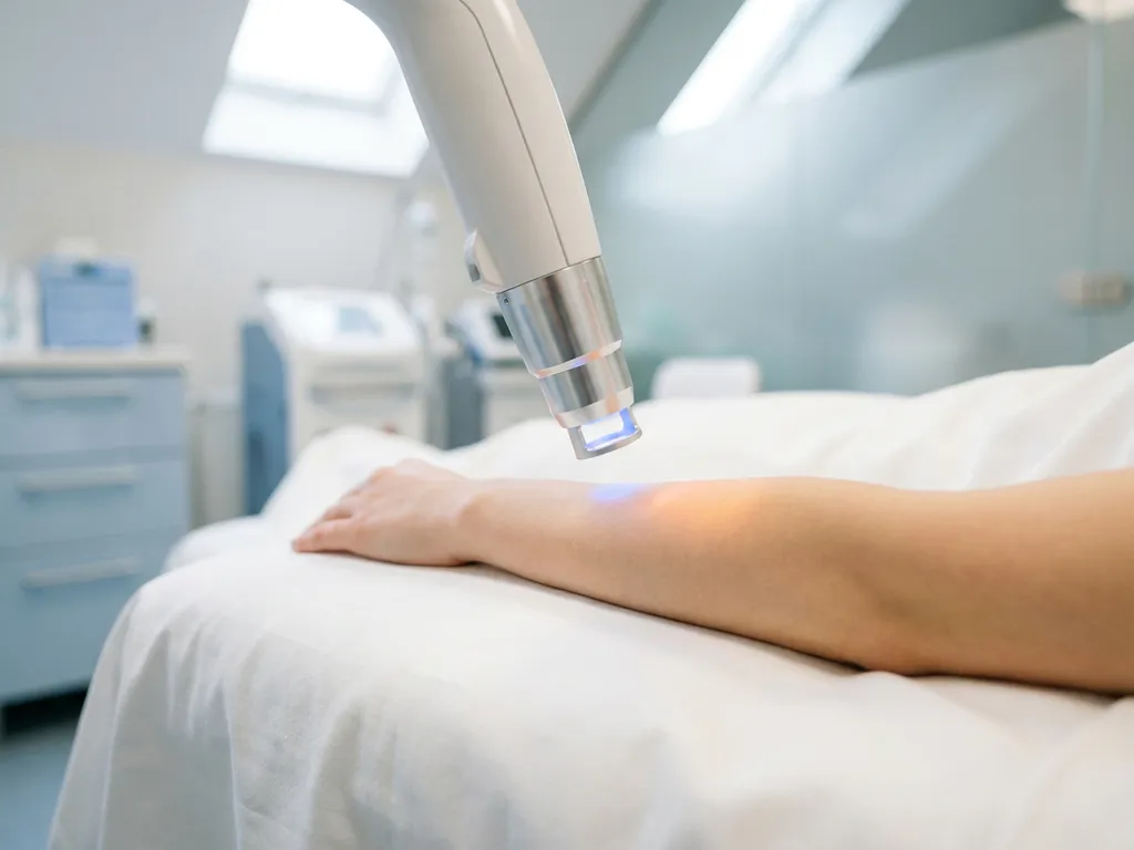 Professionele laserhandstuk boven onderarm tijdens huidbehandeling in verlichte klinische ruimte, blauw licht zichtbaar aan tiptip.