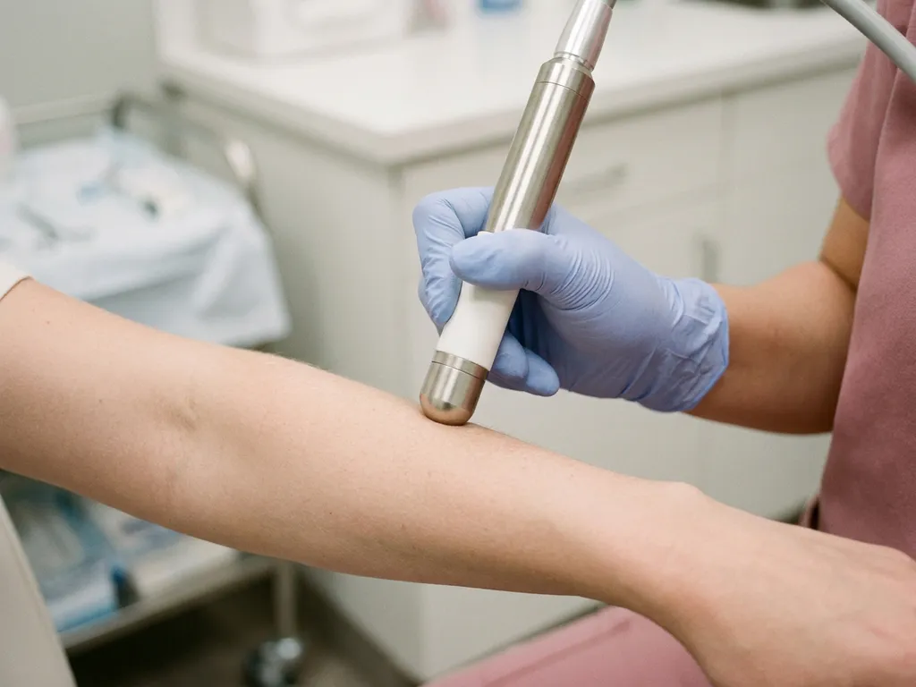 Handschoen van clinicus die laserhandstuk op onderarm plaatst tijdens huidbehandeling in klinische omgeving.