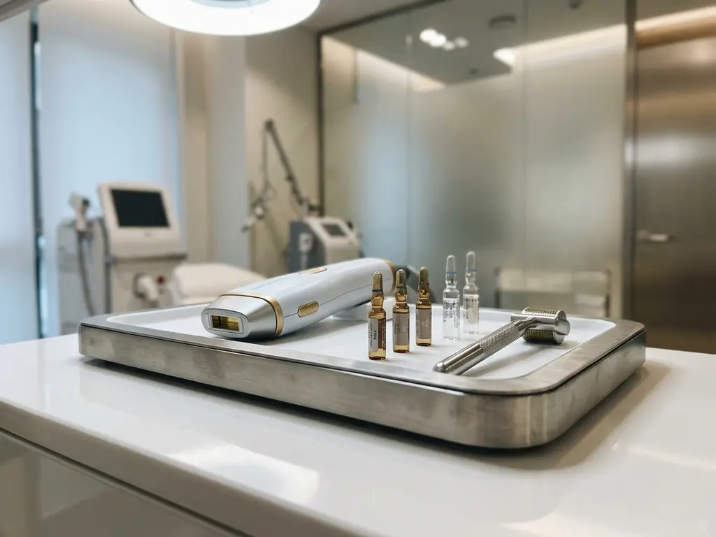 Klinische behandelingstafel met laserhandstuk, huidverzorgingsampoules en microneedling-tool in moderne esthetische kliniek.