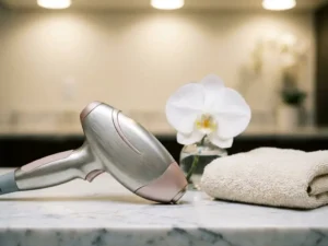 Medische laser handpiece op wit marmer naast een witte orchidee en gevouwen crèmekleurige handdoek, premium huidverzorging.