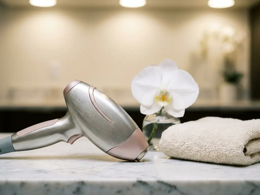 Medische laser handpiece op wit marmer naast een witte orchidee en gevouwen crèmekleurige handdoek, premium huidverzorging.