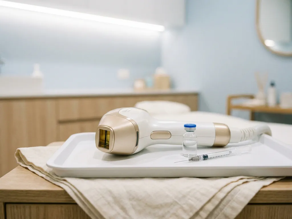 Medische laser handstuk naast glazen injectieflacon en spuit op witte klinische tray, zachte belichting.