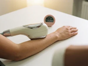 Laserhandstuk op een vrouwelijke onderarm tijdens een huidbehandeling, minimalistische klinische omgeving met zacht diffuus licht.