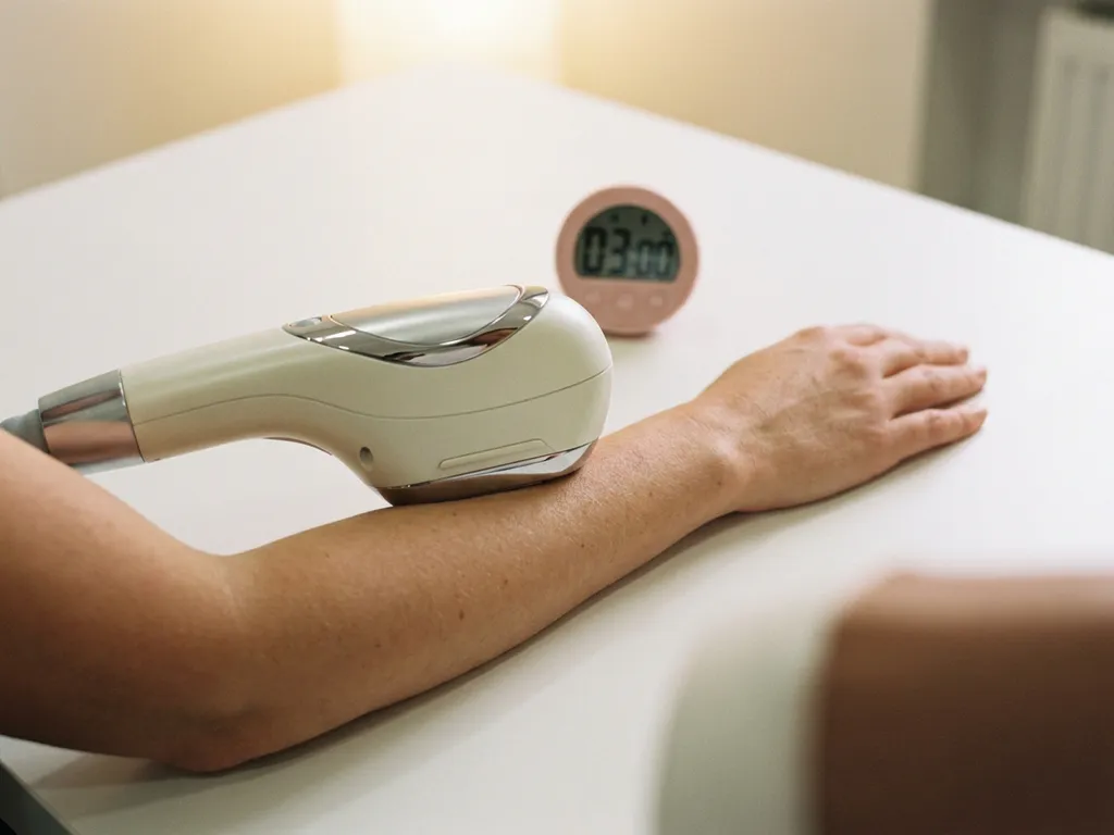 Laserhandstuk op een vrouwelijke onderarm tijdens een huidbehandeling, minimalistische klinische omgeving met zacht diffuus licht.