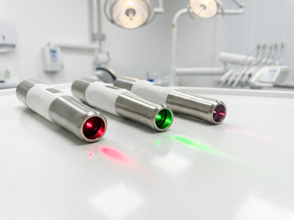 Drie medische laserhandstukken naast elkaar op wit klinisch oppervlak, elk met rood, groen en infrarood laserstraal.