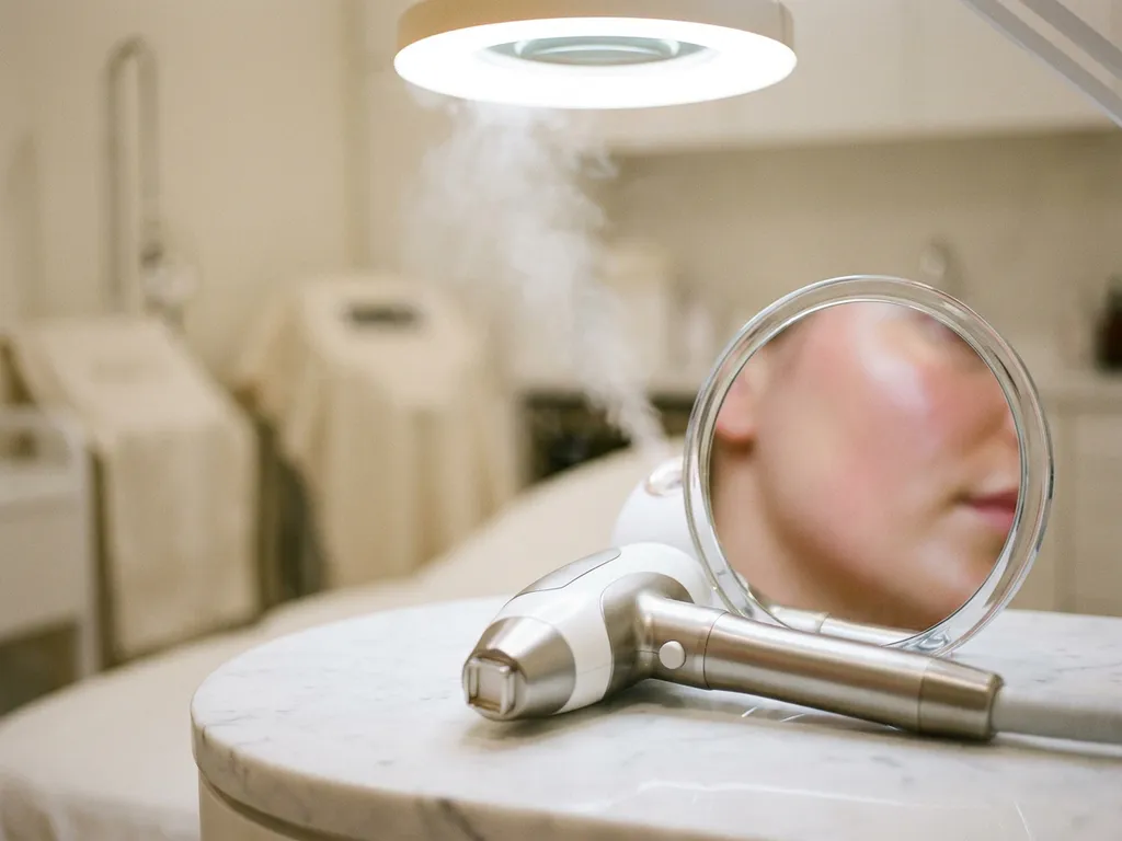 Medische laser handpiece op marmeren oppervlak naast spiegel die gezonde huid reflecteert, in stijlvolle behandelkamer.
