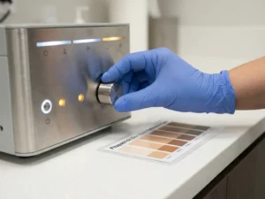 Gehandschoende clinicus stelt precisiedials in op medisch laserapparaat naast Fitzpatrick huidtoonkaart op klinisch oppervlak.