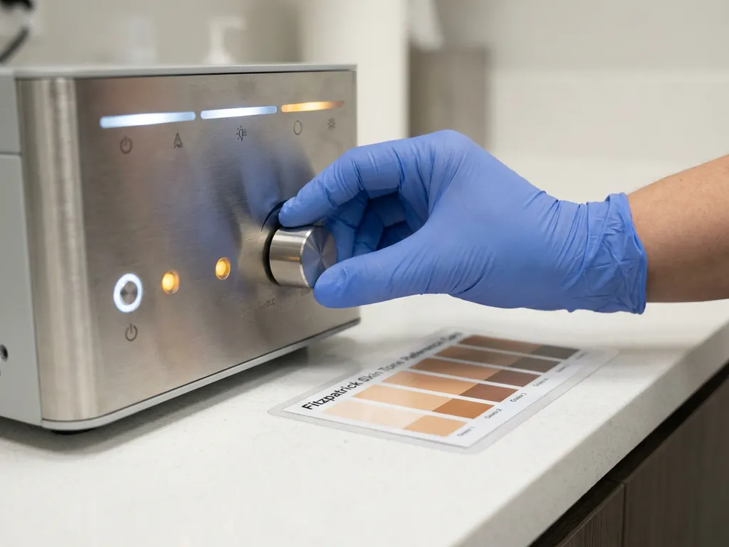 Gehandschoende clinicus stelt precisiedials in op medisch laserapparaat naast Fitzpatrick huidtoonkaart op klinisch oppervlak.