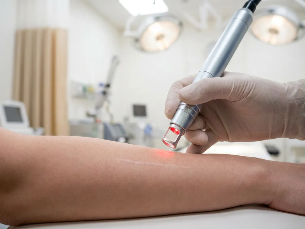 Medische laserhandstuk gericht op huid met vervagende litteken tijdens lasertherapie behandeling in witte klinische ruimte.