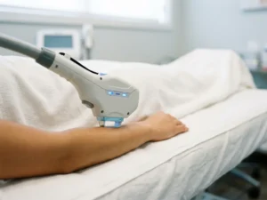 Laserhandstuk bij laserhaarverwijdering op onderarm in professionele klinische omgeving, zachte natuurlijke belichting.